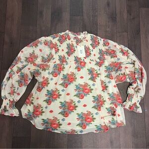 NWT Entro Womens Smocked Long Sleeve  floral Blouse Size L Smocked peasant top